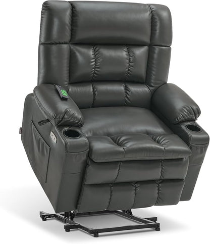 MCombo Extra Wide Dual Motor Power Lift Recliner Chair for Elderly, Zero Gravity Lift Chair with Heat and Massage, Infinite Position Recliners, USB Ports, Faux Leather R7897 (Grey, Medium-Wide)