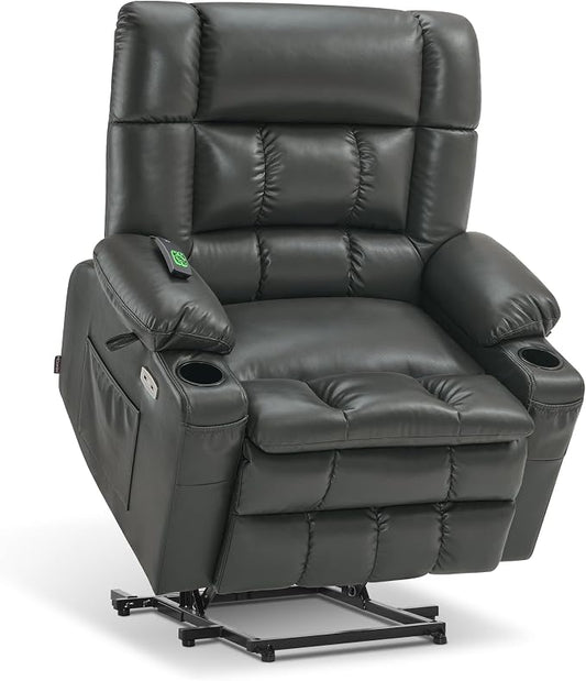MCombo Extra Wide Dual Motor Power Lift Recliner Chair for Elderly, Zero Gravity Lift Chair with Heat and Massage, Infinite Position Recliners, USB Ports, Faux Leather R7897 (Grey, Medium-Wide)