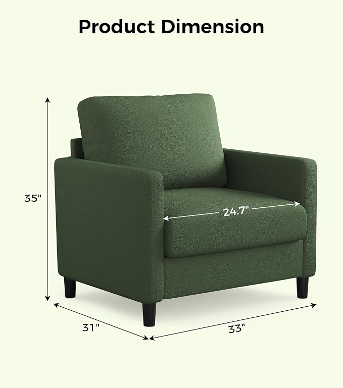 Welzona Sofa Reading Chair,33" Accent Chair for Bedroom, Tool-Free Setup Living Room Accent Chairs, Comfy Arm Chairs Living Room, All-Wood Reading Nook, Green