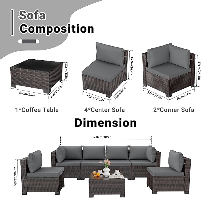 LAFWELL LEVELEVE 7 Pieces Outdoor Patio Furniture Sets,Rattan Conversation Sectional Set,Manual Weaving Wicker Patio Sofa with Tea Table