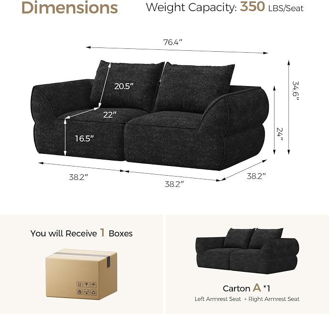 76.4" Cloud Loveseat Sofa, Deep Seat Couch with Pillows, Modern Comfortable Upholstery Boneless Sofa, 1 piece for Living Room, Bedroom, Apartment, Removable Cover，No Assembly Required, Graphite Black