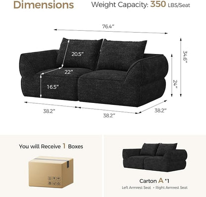 76.4" Cloud Loveseat Sofa, Deep Seat Couch with Pillows, Modern Comfortable Upholstery Boneless Sofa, 1 piece for Living Room, Bedroom, Apartment, Removable Cover，No Assembly Required, Graphite Black