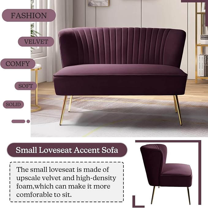 TINA'S HOME Contemporary Velvet Loveseat Sofa, Upholstered Loveseat Couch with Golden Metal Legs, Small Tufted 2-Seat Sofa Armless Love Seat for Living Room, Bedroom, Apartment Small Spaces, Purple