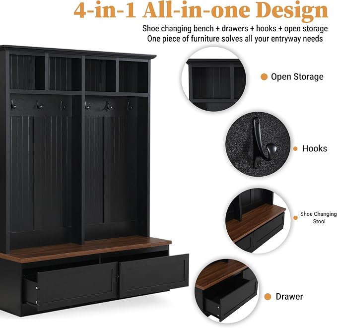 55.9" W Hall Tree with Bench and Shoe Storage,Shoe and Coat Rack with Drawer and Hooks,Farmhouse Furniture for Entryway,Mudroom,Living Room,Black