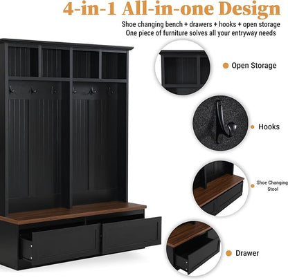 55.9" W Hall Tree with Bench and Shoe Storage,Shoe and Coat Rack with Drawer and Hooks,Farmhouse Furniture for Entryway,Mudroom,Living Room,Black