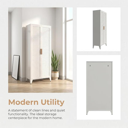 61" Tall White Kitchen Pantry Cabinet, Farmhouse Metal Pantry Storage Cabinets, with 2 Louvered Door and 3 Adjustable Shelves, Multipurpose Storage Organizer, for Home, Entryway, Kids Room