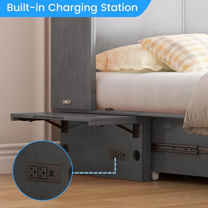 PUREMIND Queen Murphy Bed with Mattress Included, Murphy Cabinet Bed with Storage Drawer, Built-in Charging Station, Solid Wood Frame, Space-Saving Cabinet Beds for Small Spaces/Guest Room (Gray)