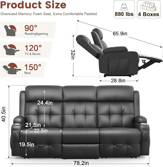 Loveseat Recliner, 3 Seater Massage Reclining Sofa Sets Heavy Weight Capacity, RV Loveseat Couch Clearance with Drop Down Table, Storage, Cup Holders, Wall Hugger Reclining Couch for Living Room