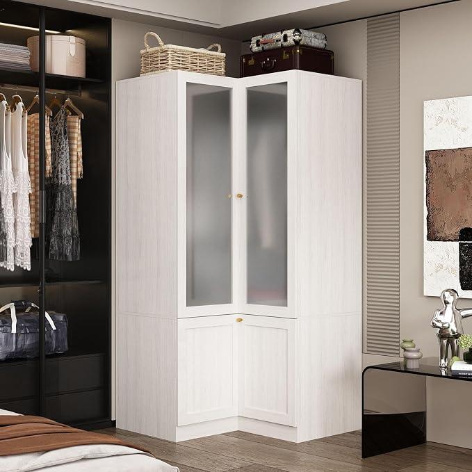 MOUMON Corner Wardrobe, L-Shaped Modern Bedroom Armoires with Frosted Glass Doors and Hanging Rod, Corner Armoire Wardrobe Closet, Wood Grain 35.4" W x 35.4" D x 70.9" H