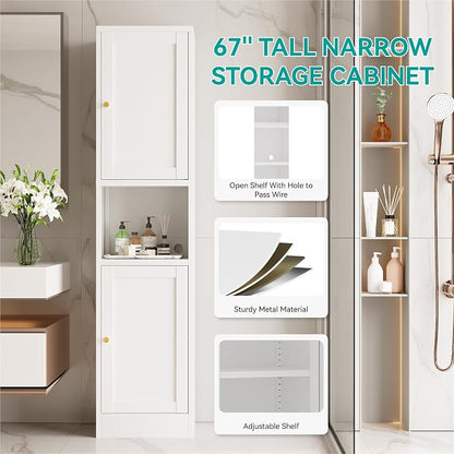 67" Tall Narrow Storage Cabinet with Doors and Open Shelf,Metal Pantry Cabinet,Shaker Style Slim Cabinet with Adjustable Shelves,for Bathroom Kitchen Laundry Small Spaces,White,1Pc