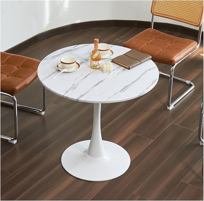 Round Dining Table, 31.5" Circle Tulip Table with Thickened Tabletop & Metal Pedestal, Mid Century Modern Bistro Table for Kitchen, Small Places, Living Room, Cafe (Faux Marble White)