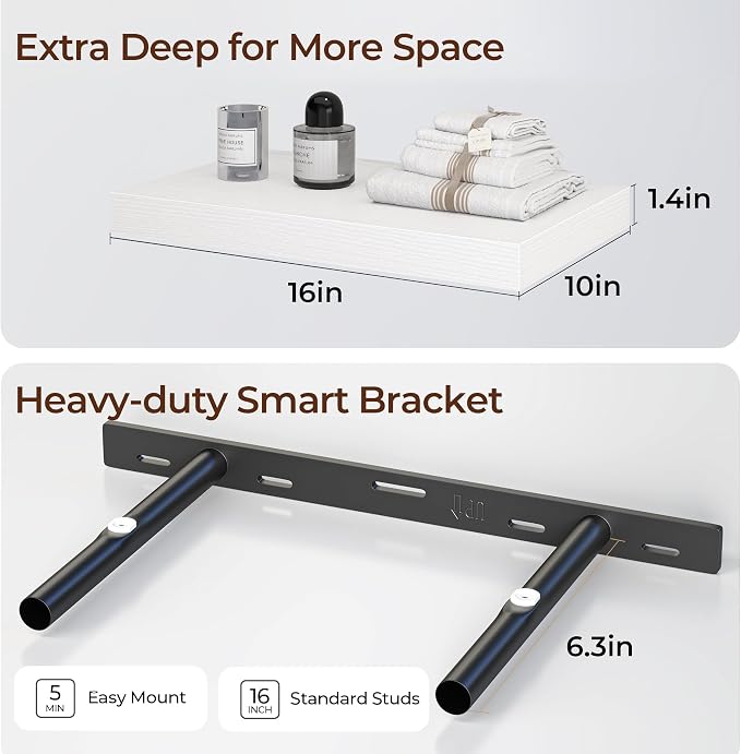 Fun Memories Floating Shelves for Wall 16 Inch Set of 3, Farmhouse Floating Shelves with Invisible Heavy Duty Bracket, 10 Inch Deep Bathroom Shelves for Storage, Living Room, Kitchen, Decor, White