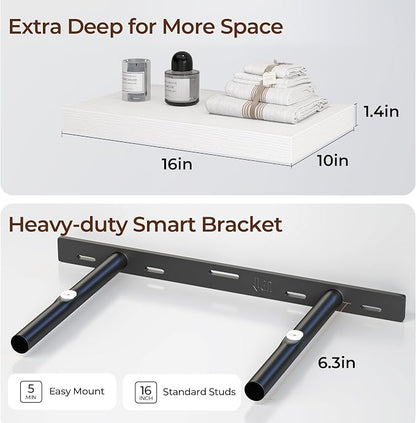 Fun Memories Floating Shelves for Wall 16 Inch Set of 3, Farmhouse Floating Shelves with Invisible Heavy Duty Bracket, 10 Inch Deep Bathroom Shelves for Storage, Living Room, Kitchen, Decor, White