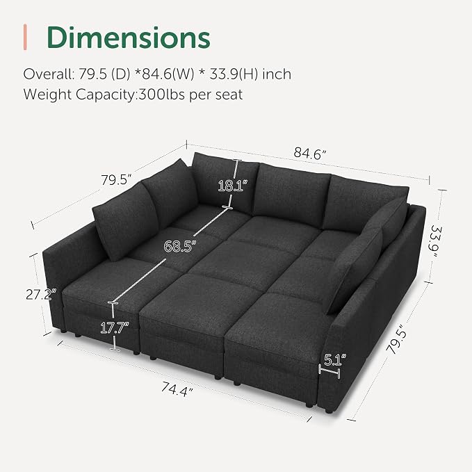 HONBAY Modular Sectional Sleeper Sofa with Storage, Modular Convertible Sectional Couch Bed Module Sleeper Couches for Living Room - Linen Grey