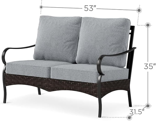 PHI VILLA Wicker & Metal Outdoor 2-Seat Patio Couch,Patio Sofa Loveseat with Deep Seating for Front Porch, Deck, Balcony, Backyard, Sunroom,Grey