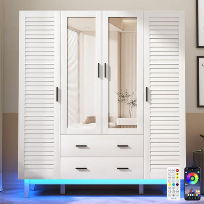 Hlivelood 4 Door Armoire Wardrobe Closet Cabinet with Drawers and LED Lights, Multi-Tier Shelves, Hanging Rod & 4 Louver Doors, Large Capacity Storage Wardrobe Armoire for Bedroom, White