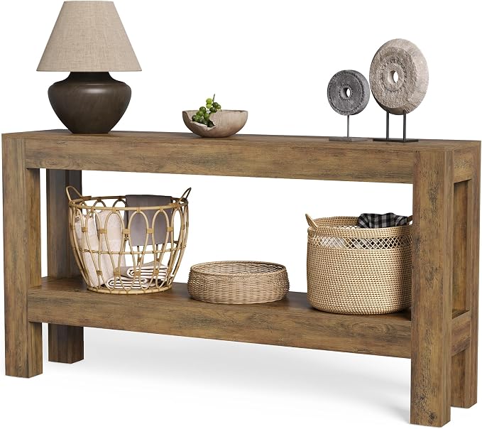 LITTLE TREE 63-Inch Entryway Console Table, Long Farmhouse Narrow Sofa Table for Living Room, Hallway, Entry, Entrance, Foyer, Behind Couch with 2-Tier Shelves, Rustic Brown