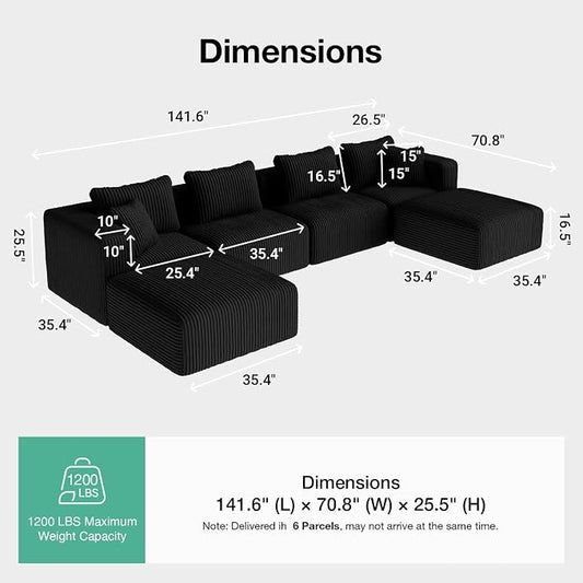 Novilla 141" Modular Sectional Sofa, Modern Cloud Sectional Couch with Smarts Coil® Support, U-Shape Boneless Couch for Living Room Apartments Bedroom, No Assembly Required (4 Seat w/ 2 Ottoman)