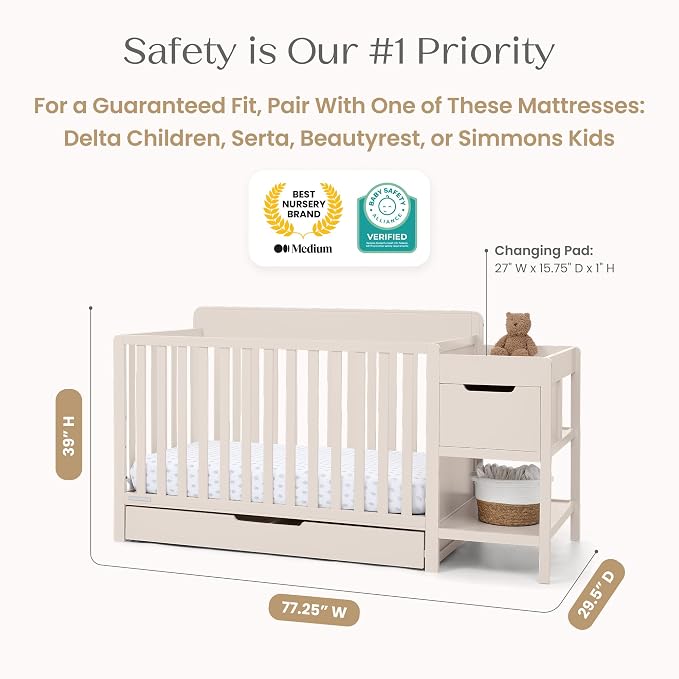 Delta Children Maya 5-in-1 Convertible Crib and Changer with Storage, Converts to Toddler Bed, Daybed, Sofa & Full Bed, Greenguard Gold Certified, 3 Mattress Heights for Baby, Soft Beige