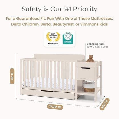 Delta Children Maya 5-in-1 Convertible Crib and Changer with Storage, Converts to Toddler Bed, Daybed, Sofa & Full Bed, Greenguard Gold Certified, 3 Mattress Heights for Baby, Soft Beige