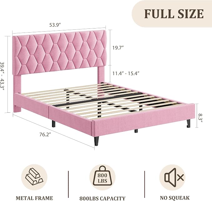 GAOMON Pink Full Bed Frame with Upholstered Headboard, Heavy-Duty Platform Bed Frame with Strong Wood Slats, No Box Spring Needed/Noise Free/Easy Assembly