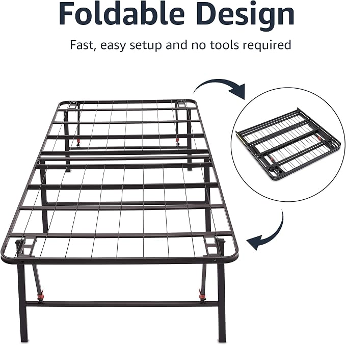 Amazon Basics Foldable Metal Platform Bed Frame, Noise-Free Mattress Foundation with Tool-Free Assembly, 18 Inches High, Sturdy Steel Frame, No Box Spring Needed, Twin Size, Black
