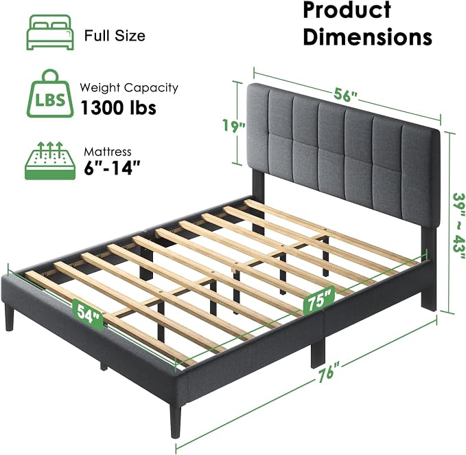 Marsail Full Size Bed Frame with Headboard, Sturdy and Durable with 12 Support Legs, 1300 lbs Capacity, Solid Wooden Upholstered Adjustable Headboard for 6"-12" Mattresses, Easy Assembly,Dark Gray