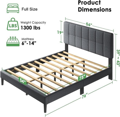 Marsail Full Size Bed Frame with Headboard, Sturdy and Durable with 12 Support Legs, 1300 lbs Capacity, Solid Wooden Upholstered Adjustable Headboard for 6"-12" Mattresses, Easy Assembly,Dark Gray