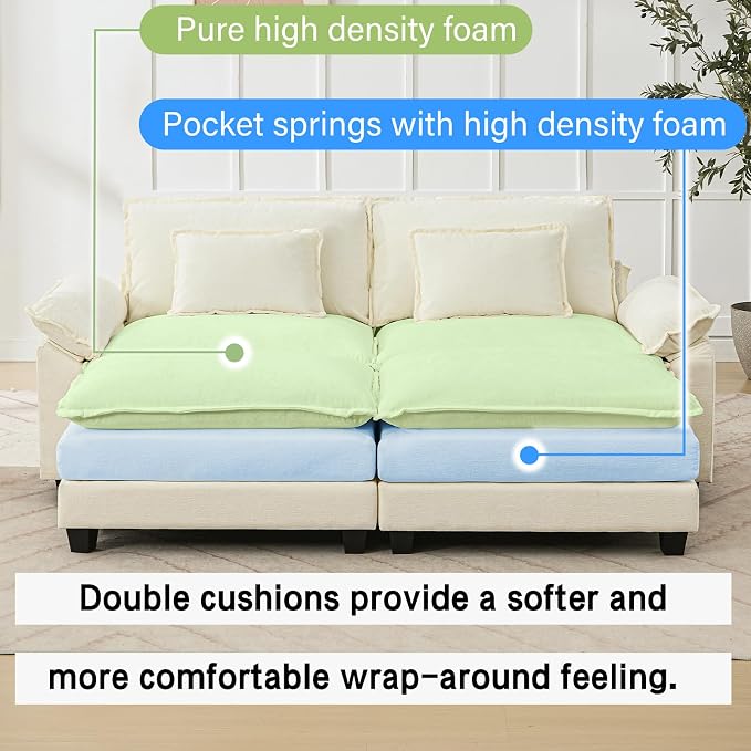 Oprisen 86" Modular Sectional Sofa, Comfy Cloud Couch Sectional Sofa with Ottoman, Chenille Sofa Sleeper Deep Seat Sofa with Throw Pillows for Living Room (Beige White)