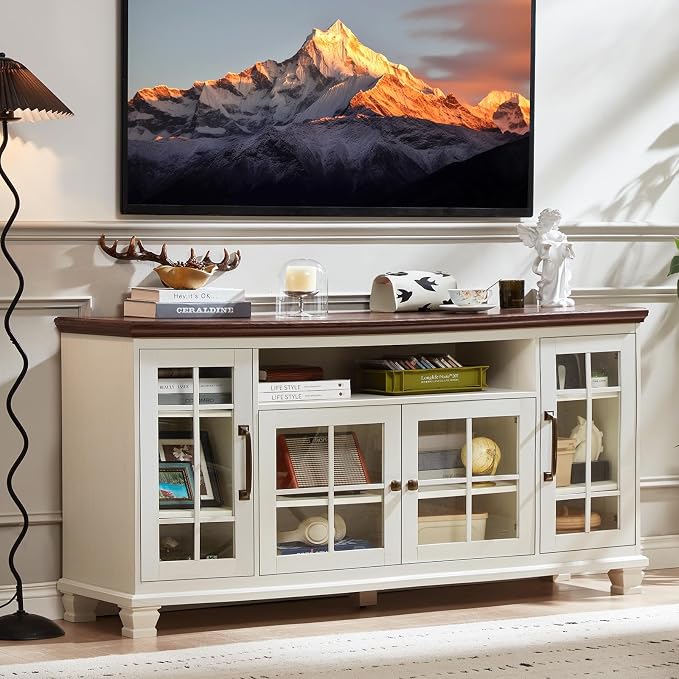 SAVOR LIFE Large Sideboard Buffet Cabinet with Storage,Vintage White Farmhouse 60" Wide Sideboard Cabinets with Glass Doors & Wood Legs,Kitchen Coffee Bar Credenza for Dining Room, Living Room