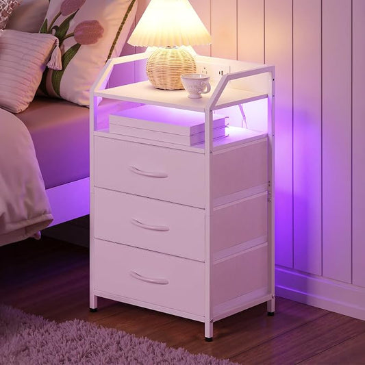 HOOBRO White Nightstand with Charging Station, End Table with 1 AC Outlet, 1 USB Port, and 1 Type-C Port, Bedside Table with LED Light Strip and 3 Non-Woven Drawers, for Bedroom, White WT013UDBZ01