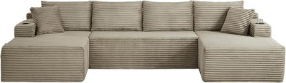 134 Inch Modular Sectional Sleeper Sofa, Boneless Cloud Couch for Living Room, U Shaped 5 Seat Sofa with 2 Storage Pockets& 2 Cup Holders, Free Combination, No Assembly Required