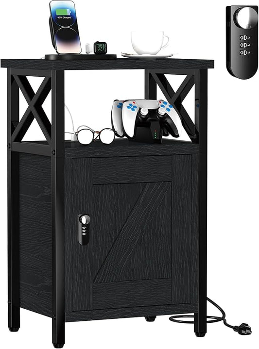 runjuly Wooden Nightstand with Charging Station, Bed Side Table with Drawers, Bedside Table with Lock, 3 USB & 2 Outlets, Night Stand with Cabinet Storage, End Table for Bedroom, Black