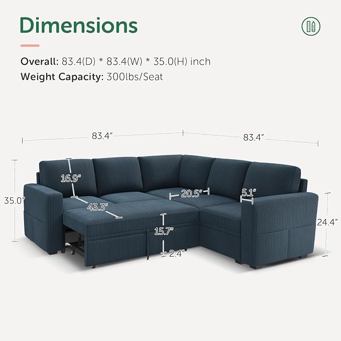 HONBAY Modular Sectional Sleeper Couch with Pull Out Bed, Corduroy L Shaped Sofa with Storage, Convertible Sectional Couches for Living Room, Blue