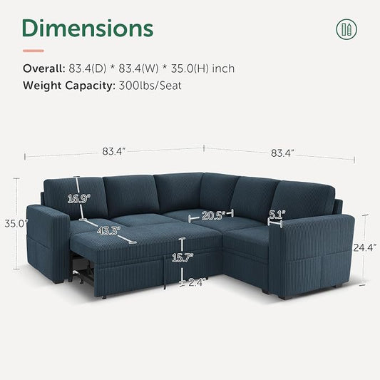 HONBAY Modular Sectional Sleeper Couch with Pull Out Bed, Corduroy L Shaped Sofa with Storage, Convertible Sectional Couches for Living Room, Blue