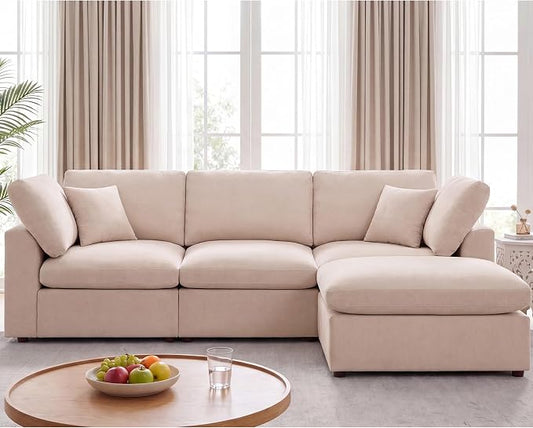 Modular Cloud Sectional Couches for Living Room, Oversized Modular Sectional Sofa with Ottoman, L Shaped 3 Seater Couch with Pillow, Light Camel