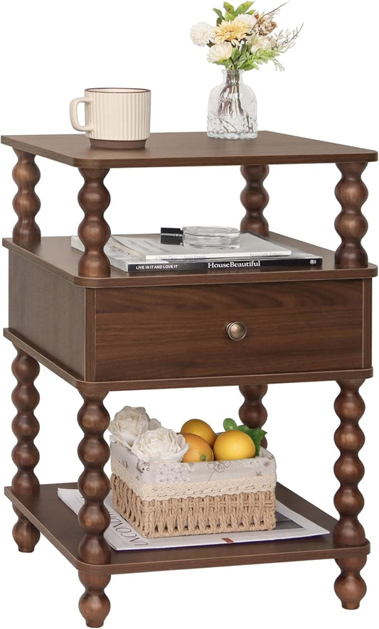 AWASEN Mid Century Modern Nightstand, Bedside Table with Storage, 3-Tier Small Night Stand End Table with Drawer for Bedroom &Solid Wood Spindle Legs, Walnut Brown