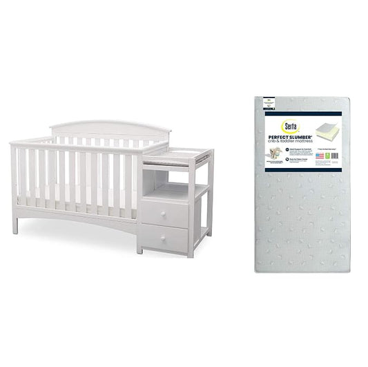 Delta Children Abby Convertible Crib 'N' Changer, Bianca + Serta Perfect Slumber Dual Sided Recycled Fiber Core Crib and Toddler Mattress (Bundle)