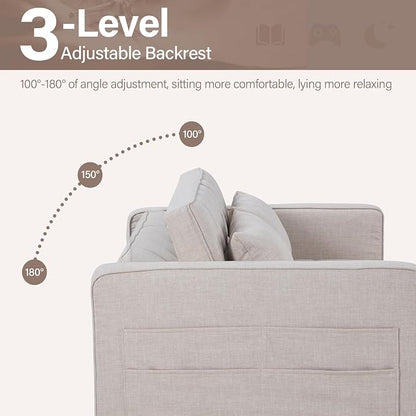 HAOMARKETS 3 in 1 Convertible Sleeper Sofa Bed, Loveseat Chaise Lounge with Pullout Bed, 2-Seater Futon Couches with Storage Pockets, 3-Level Adjustable Backrest and Pillows for Living Room, White