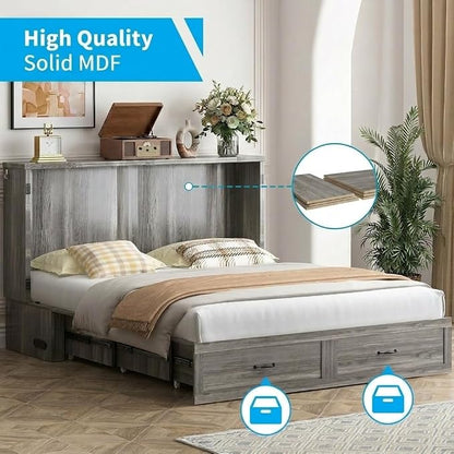 Mjkone Queen Murphy Bed, Cabinet Beds Queen Size with Tri-Fold Mattress Included, Charging Station, Hidden Storage Drawers, Space Saving Murphy Chest Beds, Cabinet Guest Wall Bed for Apartment, Grey