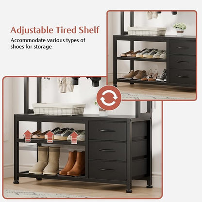 Lulive Hall Tree with Bench and Shoe Storage, 31.5" Coat Rack Freestanding with 2-Tier Storage Shelf, 6-in-1 Entryway Bench Coat Rack with 12 Hooks and 3 Drawers(Black)