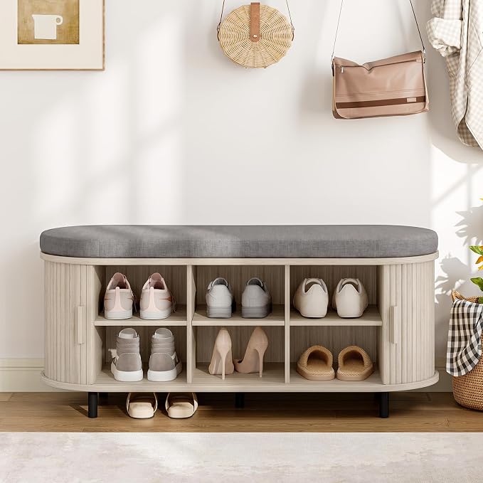 ONBRILL 43" Shoe Bench with Storage, Fluted Shoe Storage Bench with Cushion, Sliding Door and Adjustable Shelf, for Entryway, Hallway, Living Room, Natural White