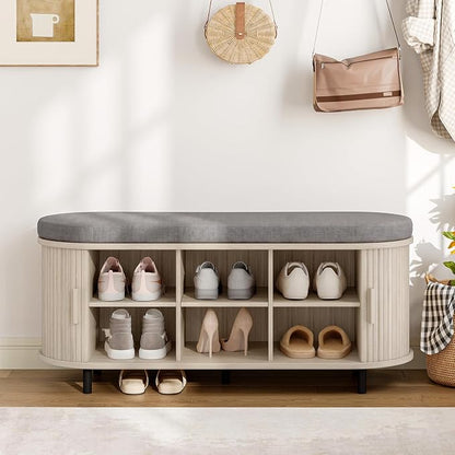 ONBRILL 43" Shoe Bench with Storage, Fluted Shoe Storage Bench with Cushion, Sliding Door and Adjustable Shelf, for Entryway, Hallway, Living Room, Natural White