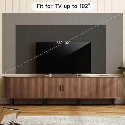 ONBRILL 94.5" TV Stand with Power Outlet for TVs up to 102 Inch, Entertainment Center with Storage and Adjustable Shelves, Modern Media Console with Sliding Doors for Living Room, Walnut
