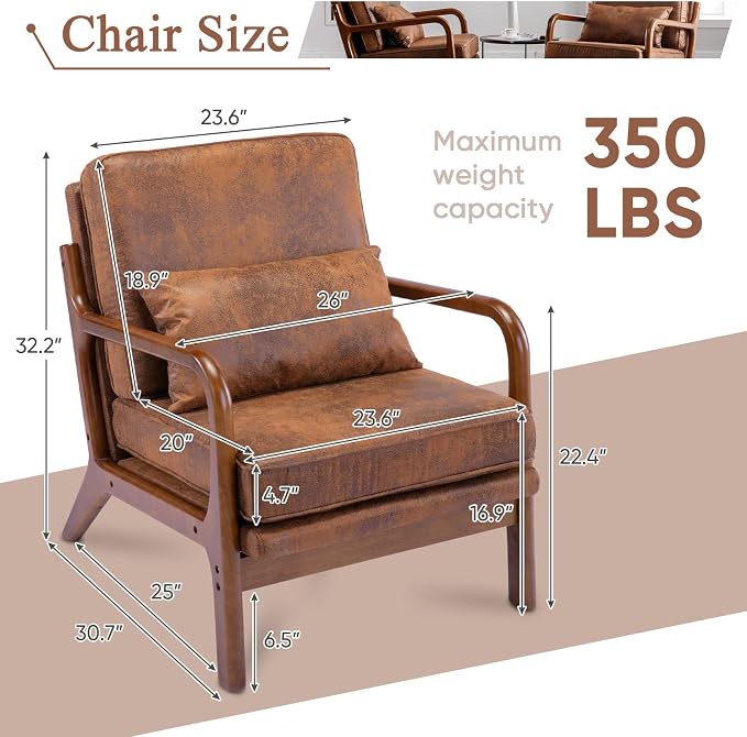 Mid Century Modern Accent Chair Set of 2 Living Room- Comfy Solid Wood Arm Chair with Lumber Pillow Lounge Decorative Brown Leather Office Side Chair Bedroom Reading Nook Sillas De Sala Microfiber