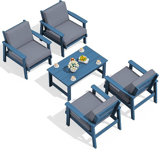 SERWALL Outdoor Patio Furniture Set, 5 Piece HDPE Patio Conversation Sets, All-Weather Wood-Like Outdoor Couch Loveseat and Coffee Table with Thick Cushions for Porch Balcony Garden Backyard