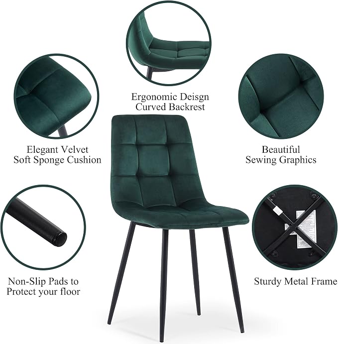 NORDICANA Forest Green Velvet Dining Chairs Set of 4, Upholstered Tufted Kitchen Chairs, Comfortable Seat, Metal Leg, Easy Assembly