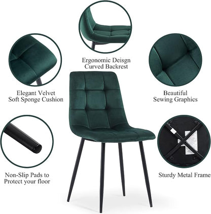 NORDICANA Forest Green Velvet Dining Chairs Set of 4, Upholstered Tufted Kitchen Chairs, Comfortable Seat, Metal Leg, Easy Assembly