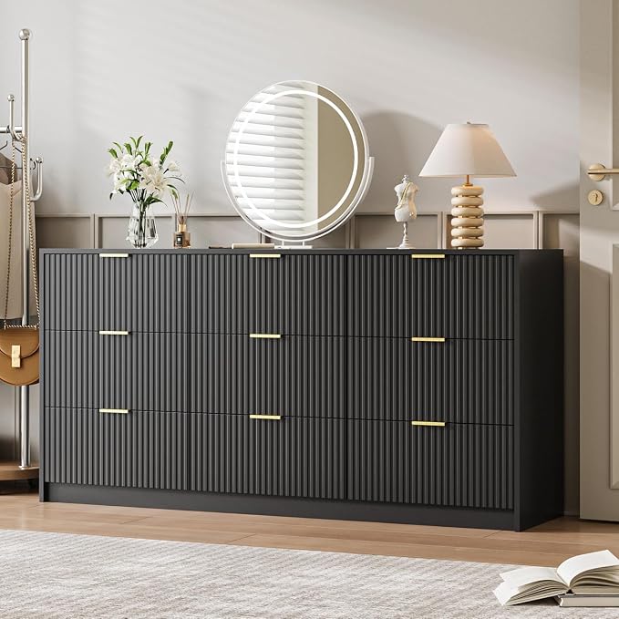 MAISONARIA 3-Piece Dresser Bedroom Set, 9 Drawer Dresser & 3 Drawer Dresser with Gold Handles, Fluted Wood Chest of Drawers for Bedroom, Living Room, Entryway, Black