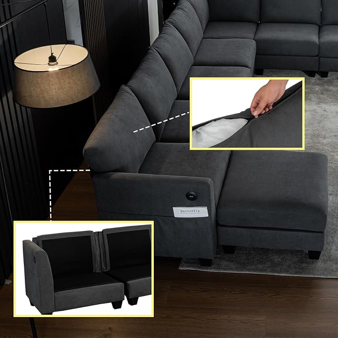 122.8" Large Sectional Couches for Living Room, 6 Seater L Shaped Modular Sectional Sofa with Storage Ottoman & USB, Oversized Corner Couch for Living Room（Grey）